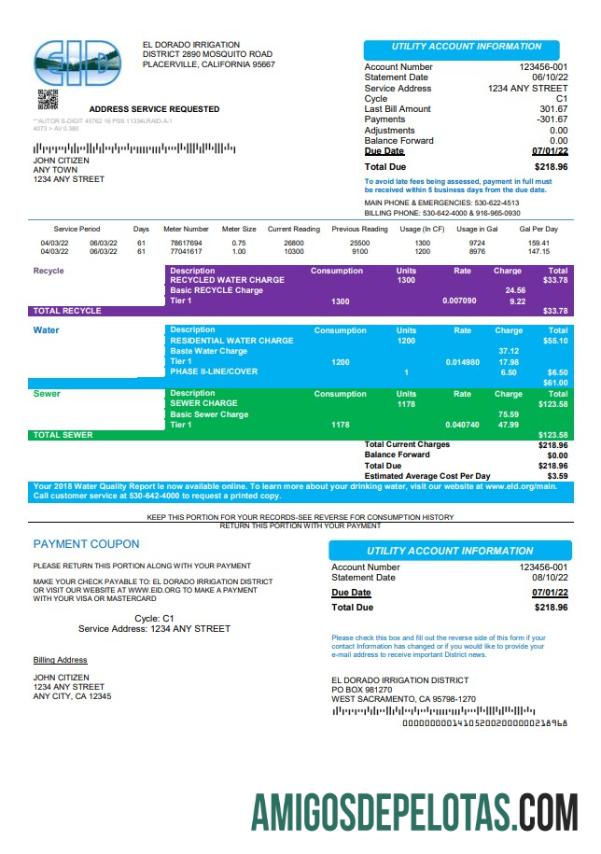 imprimível Modelo de fatura de serviços públicos EID dos EUA em formato Word e PDF